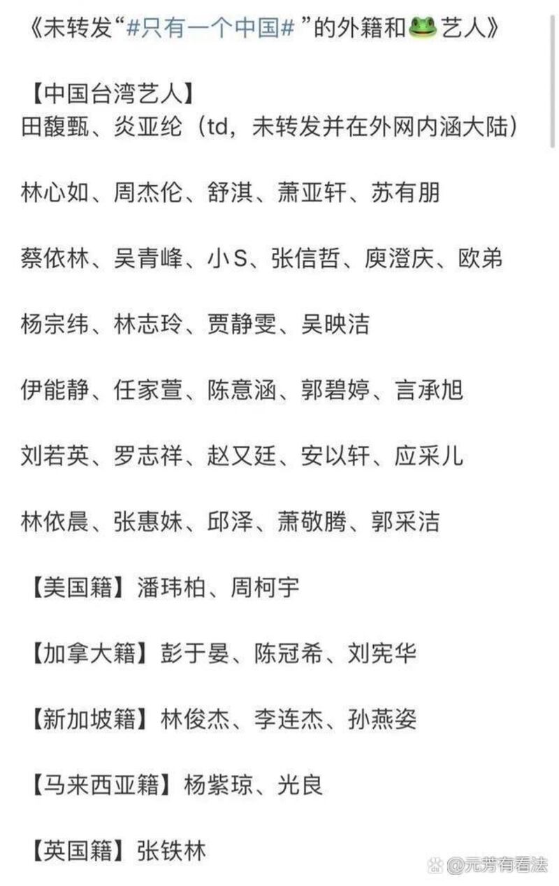 未转发“只有一个中国”的艺人名单,这一名单正流传于中国网络。(来自百度动态)