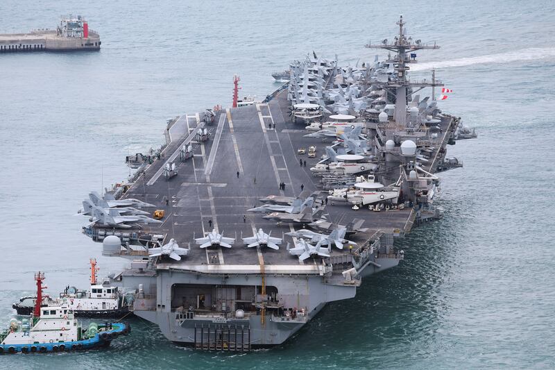 The USS Carl Vinson, a US nuclear-powered aircraft carrier, arrives at a South Korean naval base during its port visit in the southeastern port city of Busan on March 2, 2025.